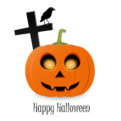 Happy Halloween typographic text and orange realistic pumpkin. Halloween party flyer design