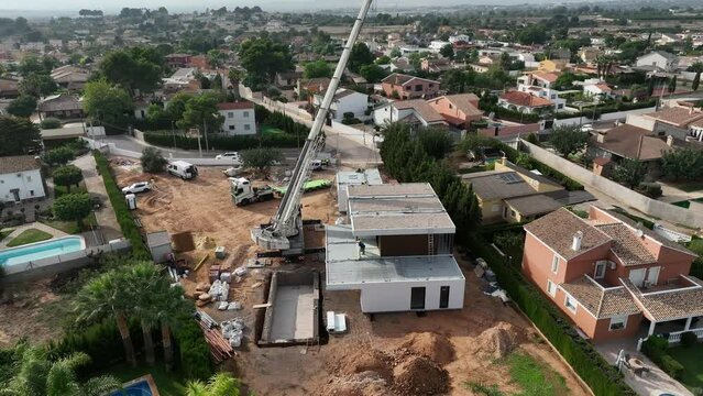 Construction of prefabricated modular home. Aerial drone view
