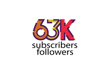 63K, 63.000 subscribers or followers blocks style with 3 colors on white background for social media and internet-vector