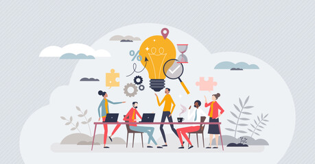 Brainstorming office team with new idea generating process tiny person concept. Creative and innovative marketing discussion and conversation vector illustration. Planning collaboration in workplace.