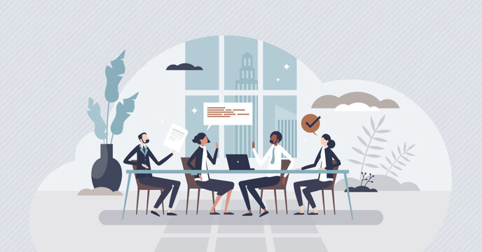 Board of directors in office with CEO business leaders tiny person concept. Meeting with company executive and colleagues vector illustration. Professional communication in cooperative boardroom.
