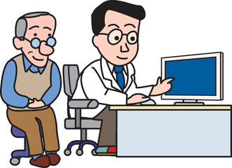 モニターを見て症状を説明する医者と高齢患者
