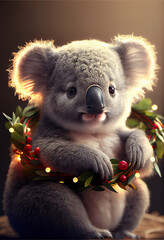 Adorable Baby Koala Holding Green Christmas Decoration. Generative AI