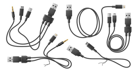 Realistic adapter cables. Black flexible wires with usb different types connectors, curved electronic chargers adapters, 3d elements. Mini and micro lightning, microusb utter vector set