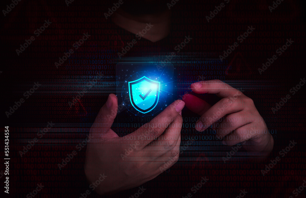 Poster cyber security technology and data protection privacy concepts. shield icon on futuristic transparen