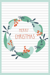 Christmas greeting card with wreath and hand written text Merry Christmas. Pine wreath
