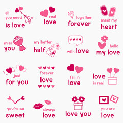 Set of Happy Valentines day typography for greeting cards, gifts, stickers and more.