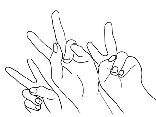 hand gestures illustration, hand sign, peace pose, draft line illustration, line drawing