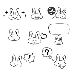 イラスト素材セット:かわいいウサギのキャラクターのカットイラスト10　白黒うさぎ/主線あり(透過背景)

