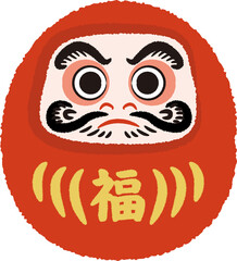 イラスト素材：赤だるま　年賀状に最適な筆タッチの手描き風マーク　福(透過背景)

