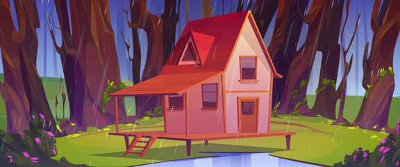 Wooden stilt house at summer forest in rainy weather. Old shack on piles with terrace on green wood field under rain shower and trees around. Uninhabited forester hut, Cartoon vector illustration