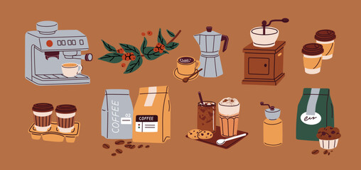Coffee set. Machine, bags, takeaway paper cups on holder, glasses, bean grinder, berries. Caffeine drinks, espresso, cappuccino, latte, brewing supplies, stuff. Isolated flat vector illustrations