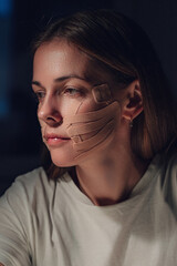 Portrait of a girl with kinesio tape on her face. Skin Care. Kinesio taping. Lifting tape on face.