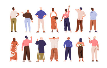 People from behind set. Men, women turned back, rear view. Characters standing backside. Persons gesturing, pointing with finger, looking up. Flat vector illustrations isolated on white background