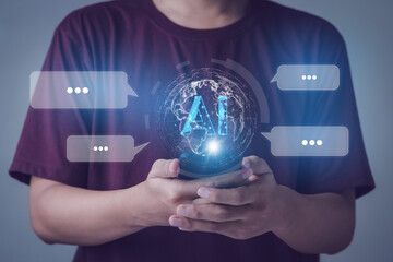 Businessman hand using smartphones to search for information and chat with AI or artificial intelligence, Database with intelligent system, future technology, technical progress, smart chatbox.