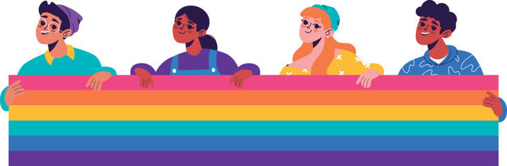 Happy young male and female characters holding rainbow flag. Human rights, lesbian, gay, bisexual, transgender and queer people. LGBT pride vector flat illustration. Gay rights