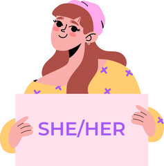 Gender identity pronouns.Young woman holding signs with different pronouns, she, her, female and non-binary characters. Vector illustration in flat style. Lgbtq community support