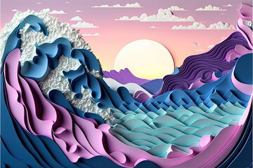 pink purple and blue ocean and waves, lavender sky with moon paper crafts, cutout scene of a wavy tide with a sunset and clouds, generative AI