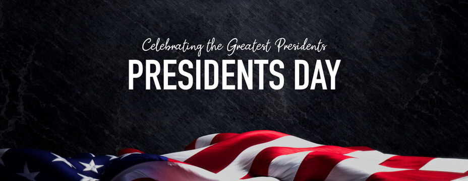 USA Flag Banner with Presidents day Caption on Black Stone. Authentic Holiday Background.