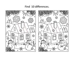 Cabin in winter find the differences picture puzzle and coloring page
