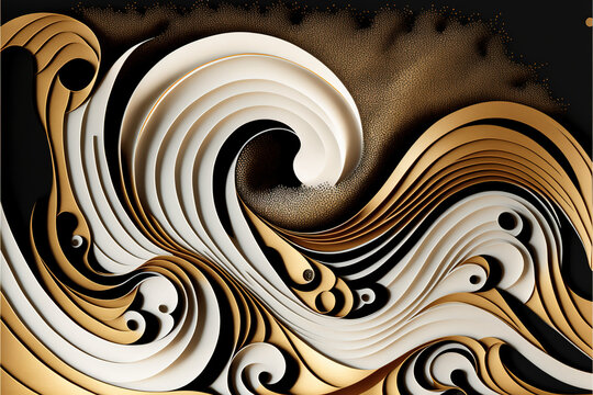 White, Black And Gold Waves, NYE Ocean Paper Cutout With A Large Moon And Stars In The Background, Abstract Paper Sculpture Design Backdrop