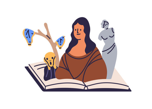 Art history study concept. Book about world cultures, aesthetics, visual artworks. School literature on famous paintings, drawings, composition. Flat vector illustration isolated on white background