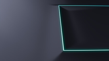 Minimalist Tech Background with Extruded Square and Turquoise Illuminated Edge. Black Surface with Embossed 3D Shape. 3D Render.