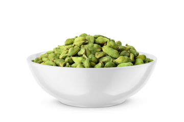 Cardamom pods in white bowl isolated on white. Side view.