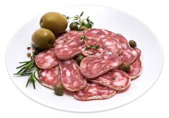 slices of Spanish Fuet thin dried salami sausage on white ceramic plate