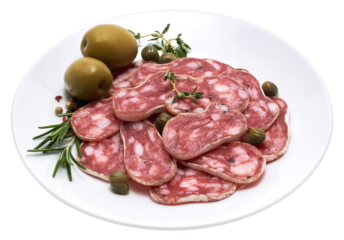 slices of Spanish Fuet thin dried salami sausage on white ceramic plate
