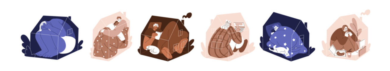 People inside houses set. Characters homebodies staying home for relax and work, spending time, living alone and in couple. Indoor life concept. Flat vector illustrations isolated on white background