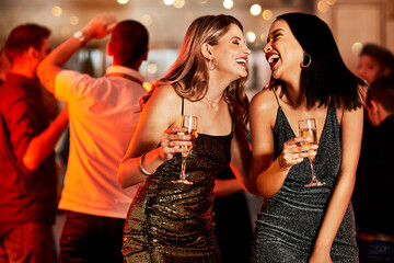 Women, laughing or bonding in champagne night party, clubbing event or birthday celebration in New...