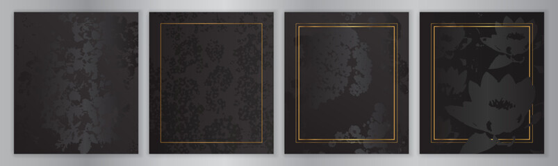 Elegant Black Floral Background Collection. Flower Texture Set with Gold Frame