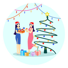 Two woman are decorating christmas tree preparation before celebrating christmas hearts.Vector illustration of people decorating christmas tree with colorful lights.flat illustration design