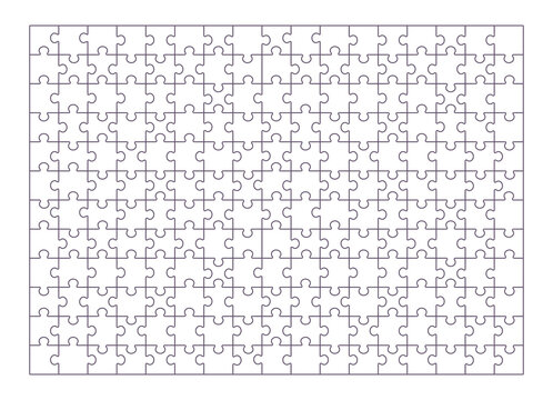 Puzzle grid with 204 blank pieces. Outlined mosaic background, pattern with empty linear parts for print. Contoured assembled jigsaw template of game. Flat vector illustration isolated on white