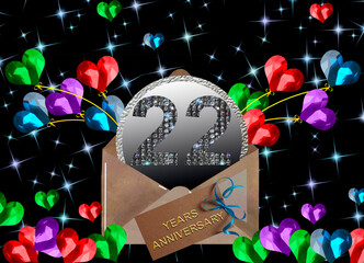 3d illustration, 22 anniversary. golden numbers on a festive background. poster or card for anniversary celebration, party