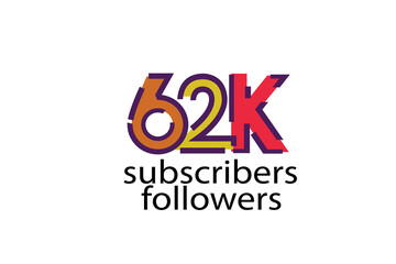 62K, 62.000 subscribers or followers blocks style with 3 colors on white background for social media and internet-vector