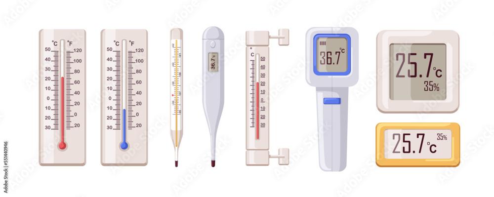 Aufkleber thermometers set. electronic, digital and mercury tools, medical and weather objects for measuring t
