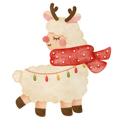 Cute cartoon christmas llama with reindeer characters watercolor illustrations decorations for New Year party card