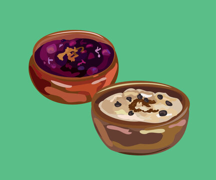 peruvian desserts mazamorra morada arroz con leche illustration