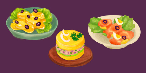 huancaina causa ocopa rocoto peruvian food illustration