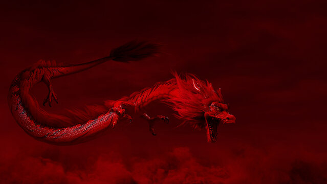 Roaring Chinese Dragon against a Red Cloudy Sky. New Year Concept with copy-space.