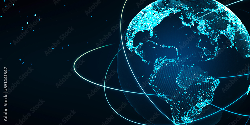 Poster creative glowing globe hologram on dark backdrop. technology, metaverse and digital map concept. 3d 