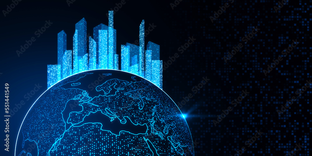 Poster Glowing map with city hologram on blurry backdrop with mock up place. Abstract metaverse virtual reality concept building and digital map. 3D Rendering.