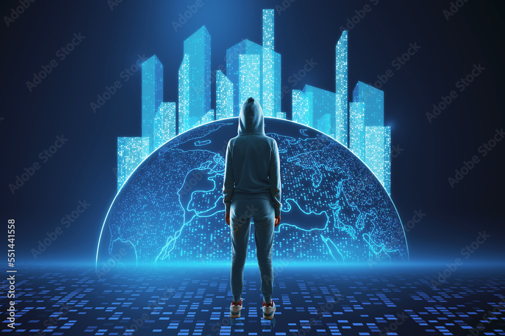 Poster Back view of hacker looking at glowing map with city hologram on blurry background. Abstract metaverse virtual reality concept building and digital map.