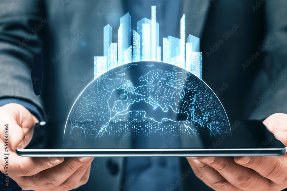 Poster close up of male hand holding tablet with glowing map with city hologram on blurry background. abstr