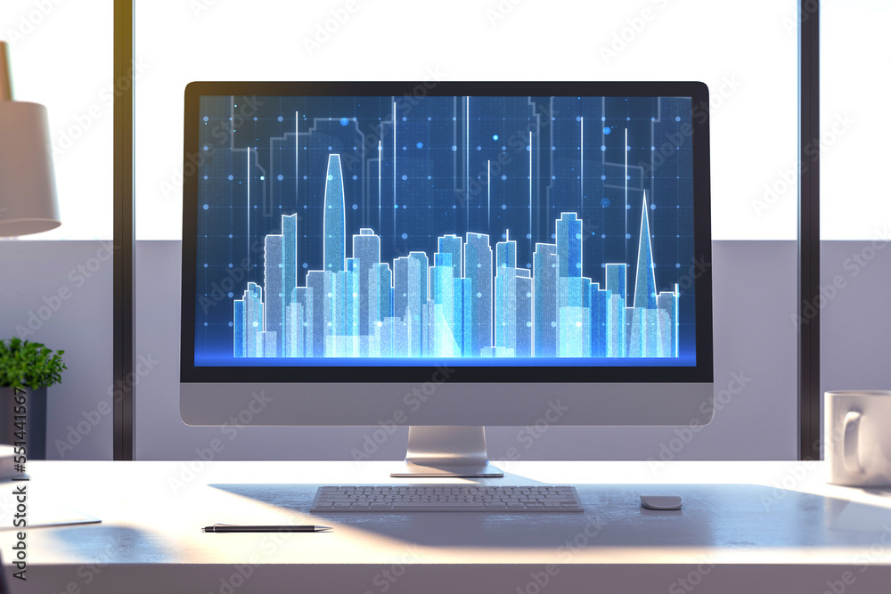 Poster computer monitor on desktop with abstract glowing city skyline on screen, coffee cup and supplies. b
