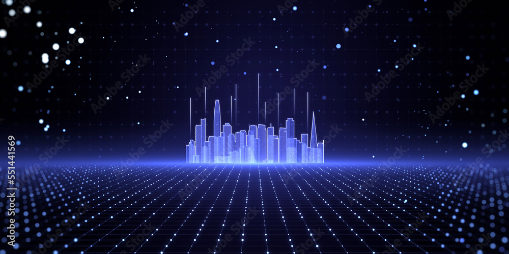 Poster abstract glowing city skyline hologram on blurry tech backdrop. metaverse, innovation and technology