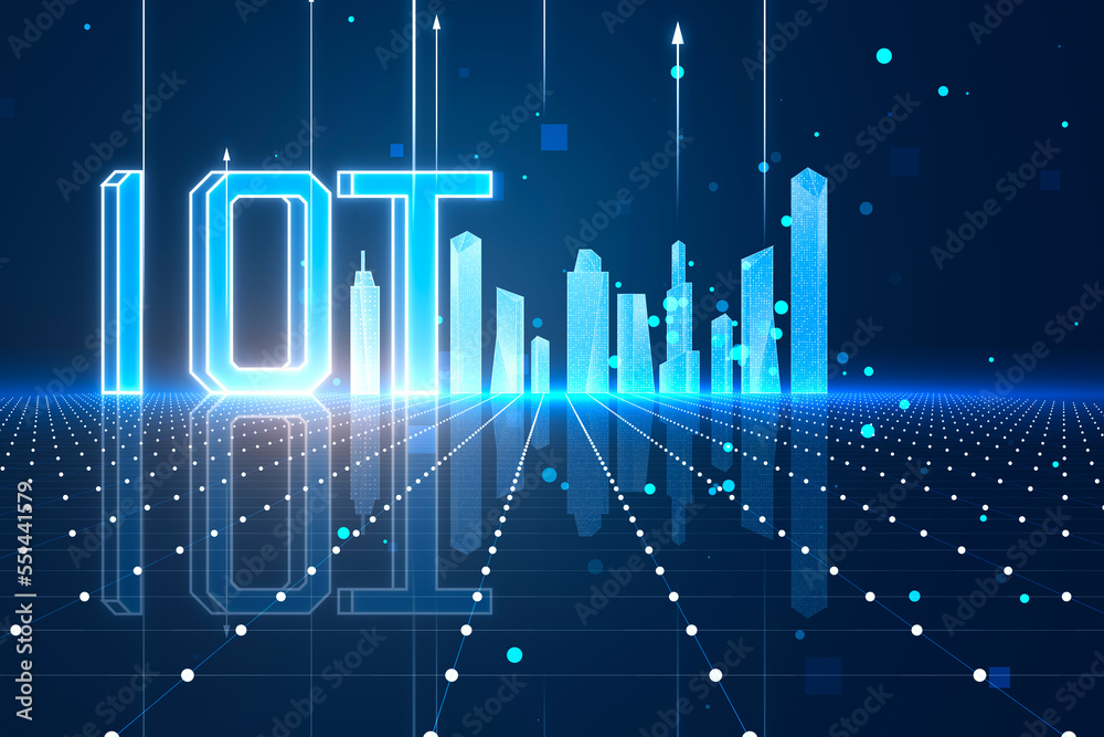 Poster Abstract glowing digital mesh city and iot hologram on blurry backdrop. Network, communication, internet and innovation concept. 3D Rendering.