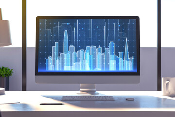 computer monitor on desktop with abstract glowing city skyline on screen, coffee cup and supplies. Blurry window and daylight background. Metaverse, innovation and technology concept. 3D Rendering.